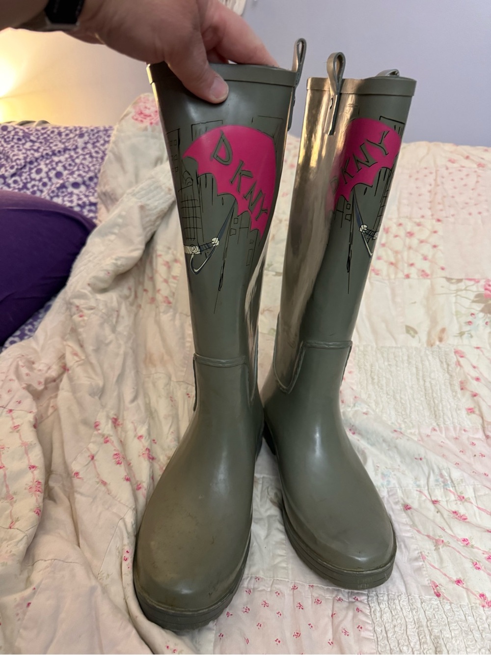 DKNY Olive Green Rain Boots with Pink Umbrella Graphic